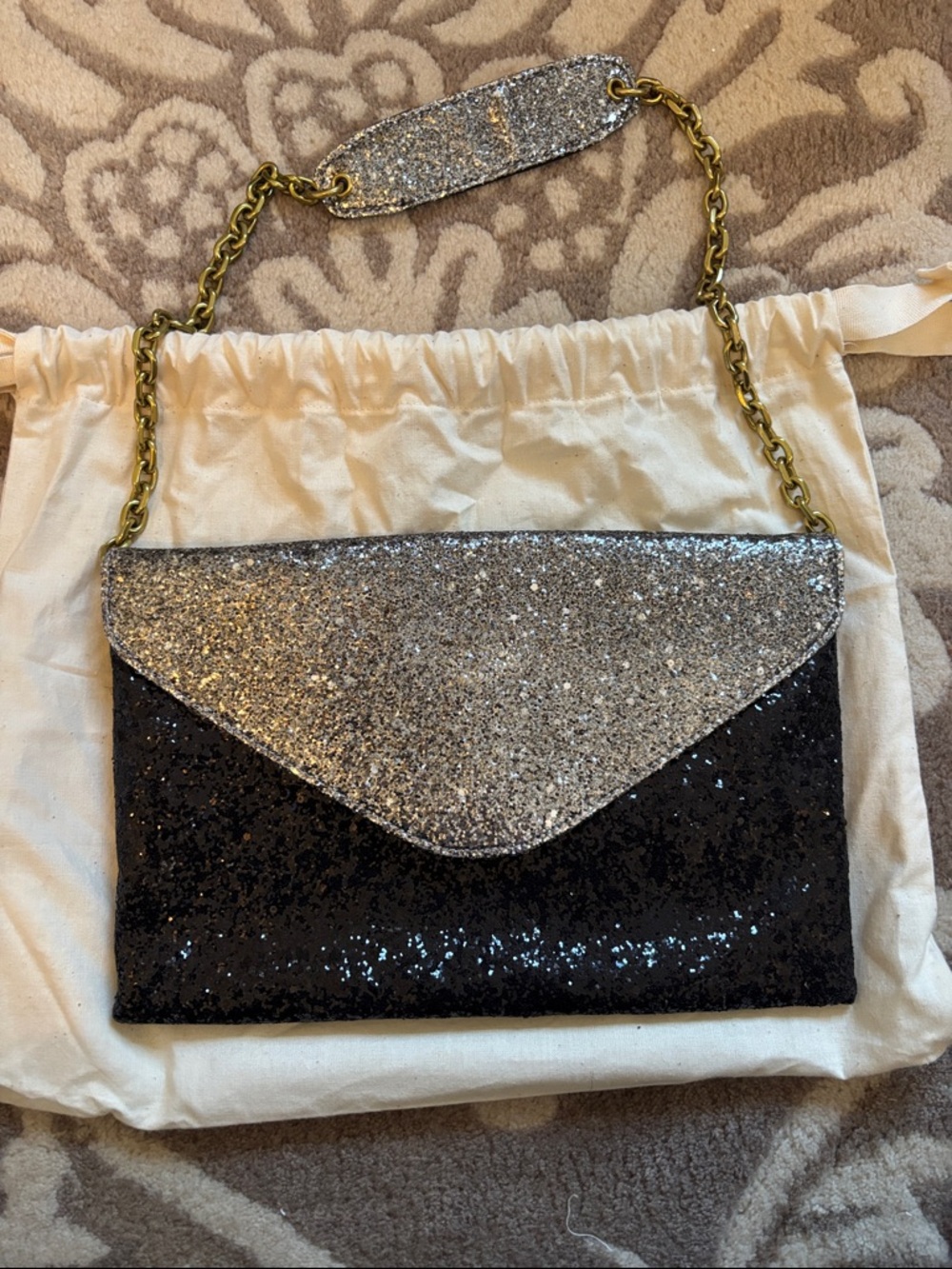 J. Crew Silver and Black Glitter Envelope clutch